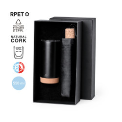 Set de vaso térmico y paraguas plegable de color negro