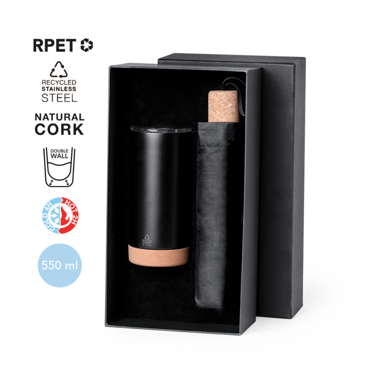 Set de vaso térmico y paraguas plegable de color negro