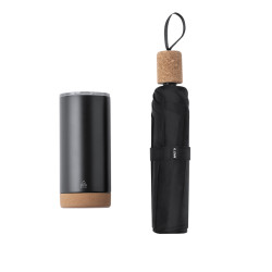 Set de vaso térmico y paraguas plegable de color negro